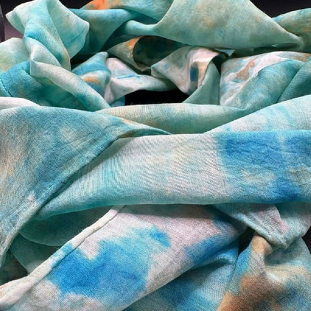 Hand painted silk+cotton scarf - lilly pond blues