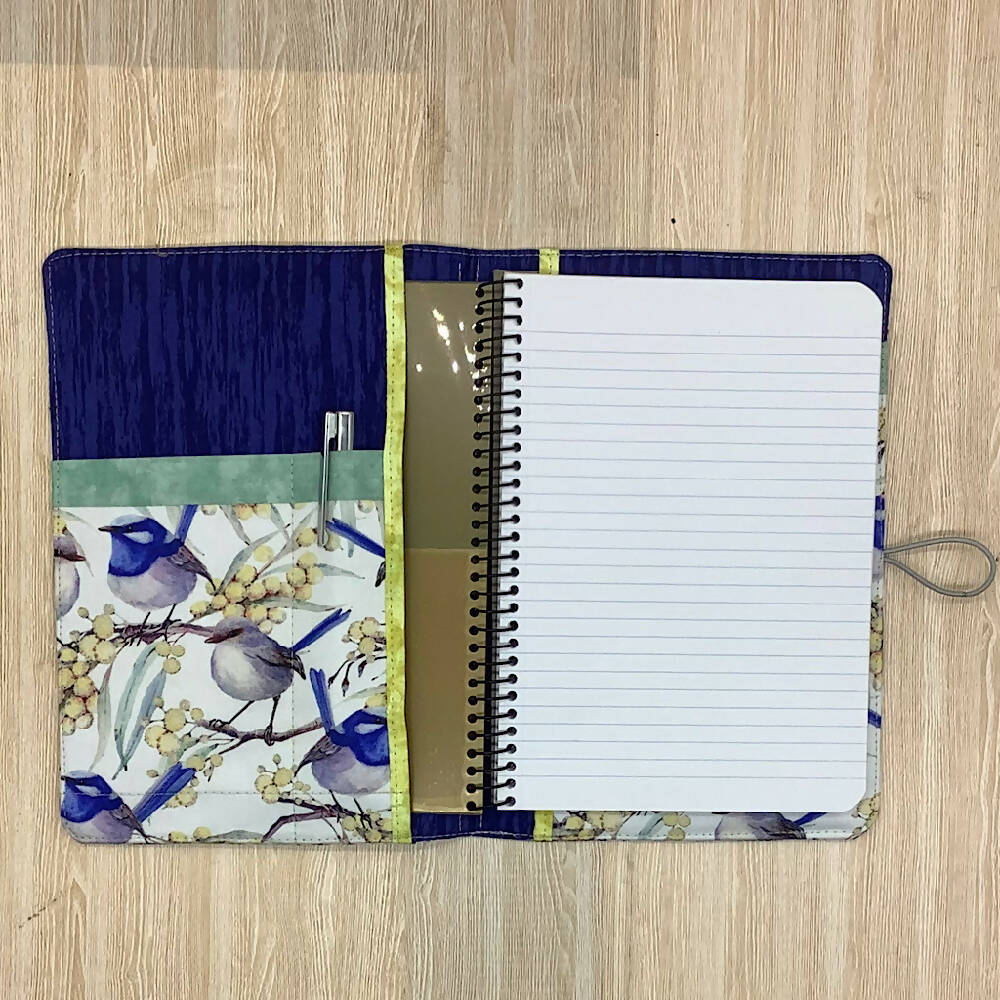 Blue Wren (white) refillable A5 fabric notebook cover gift set - Incl. book and pen.