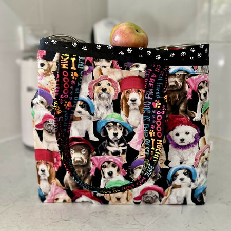 Grocery Tote ... Dogs in Hats ... Lined with storage pouch