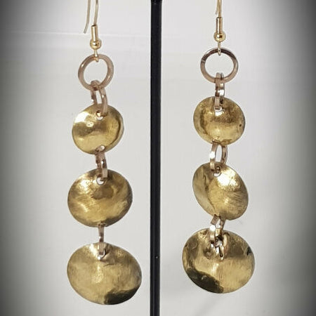 Brass hand made 3 tiered domed disc earrings,