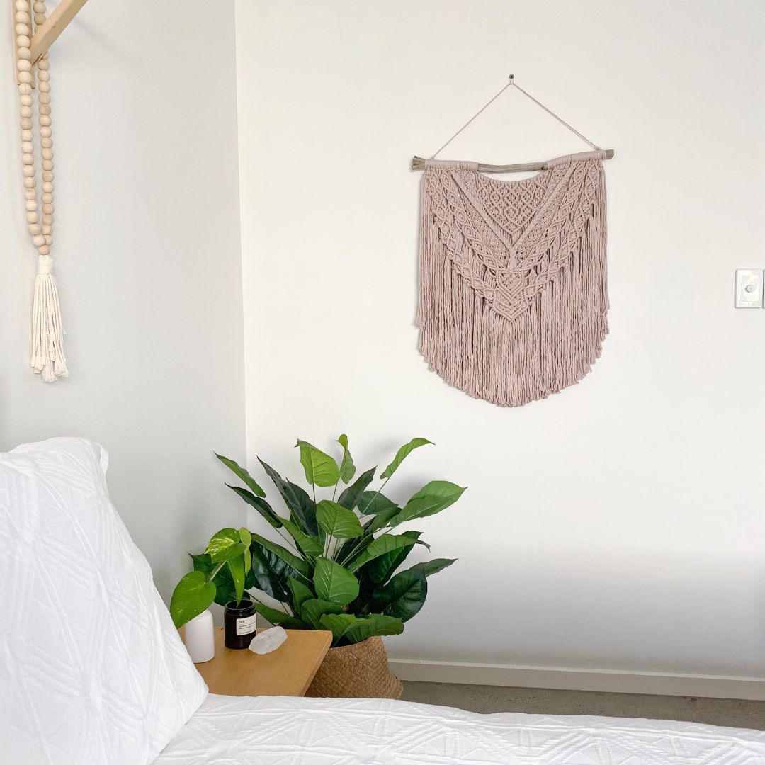 Macrame wall hanging on Driftwood - Bisque pink