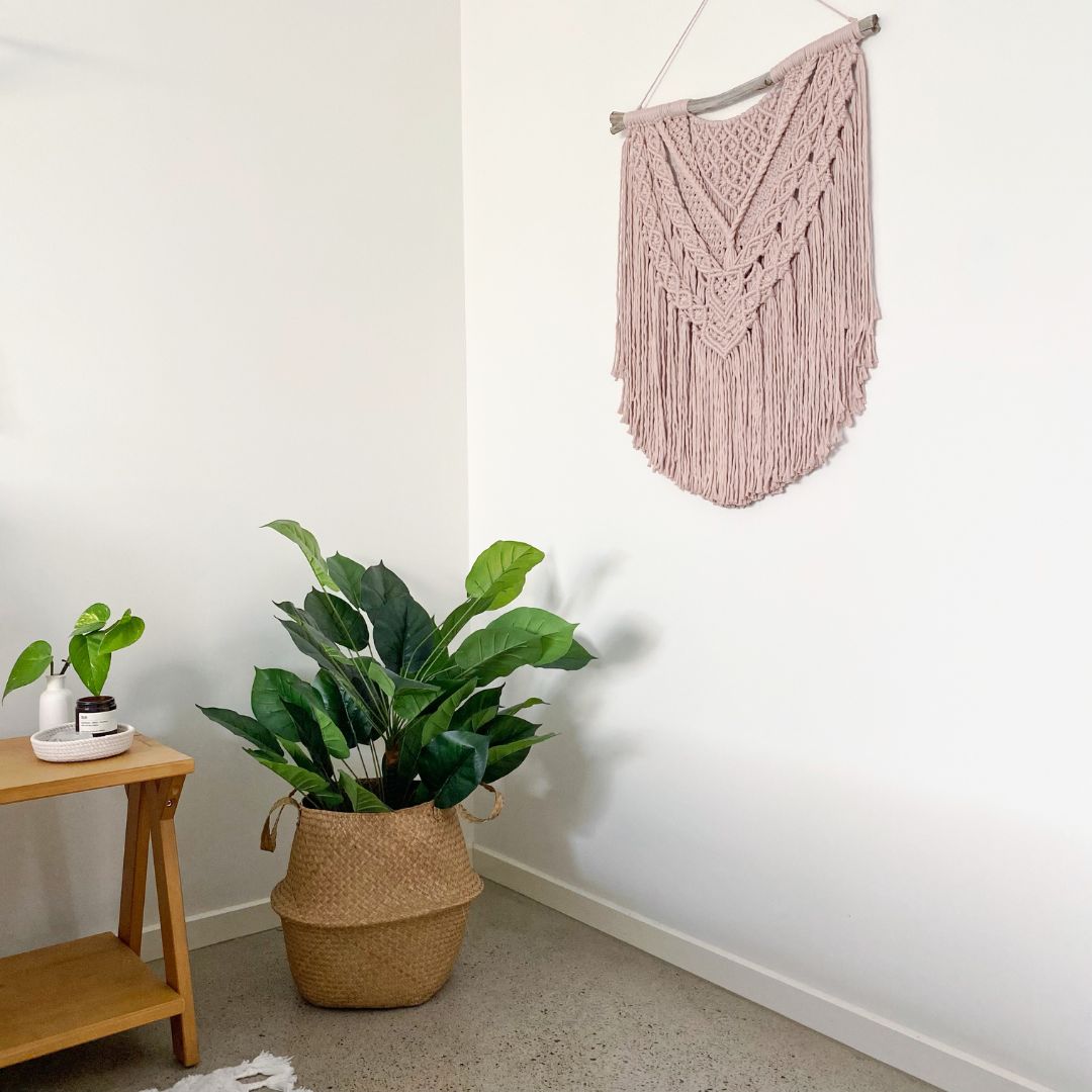 Macrame wall hanging on Driftwood - Bisque pink