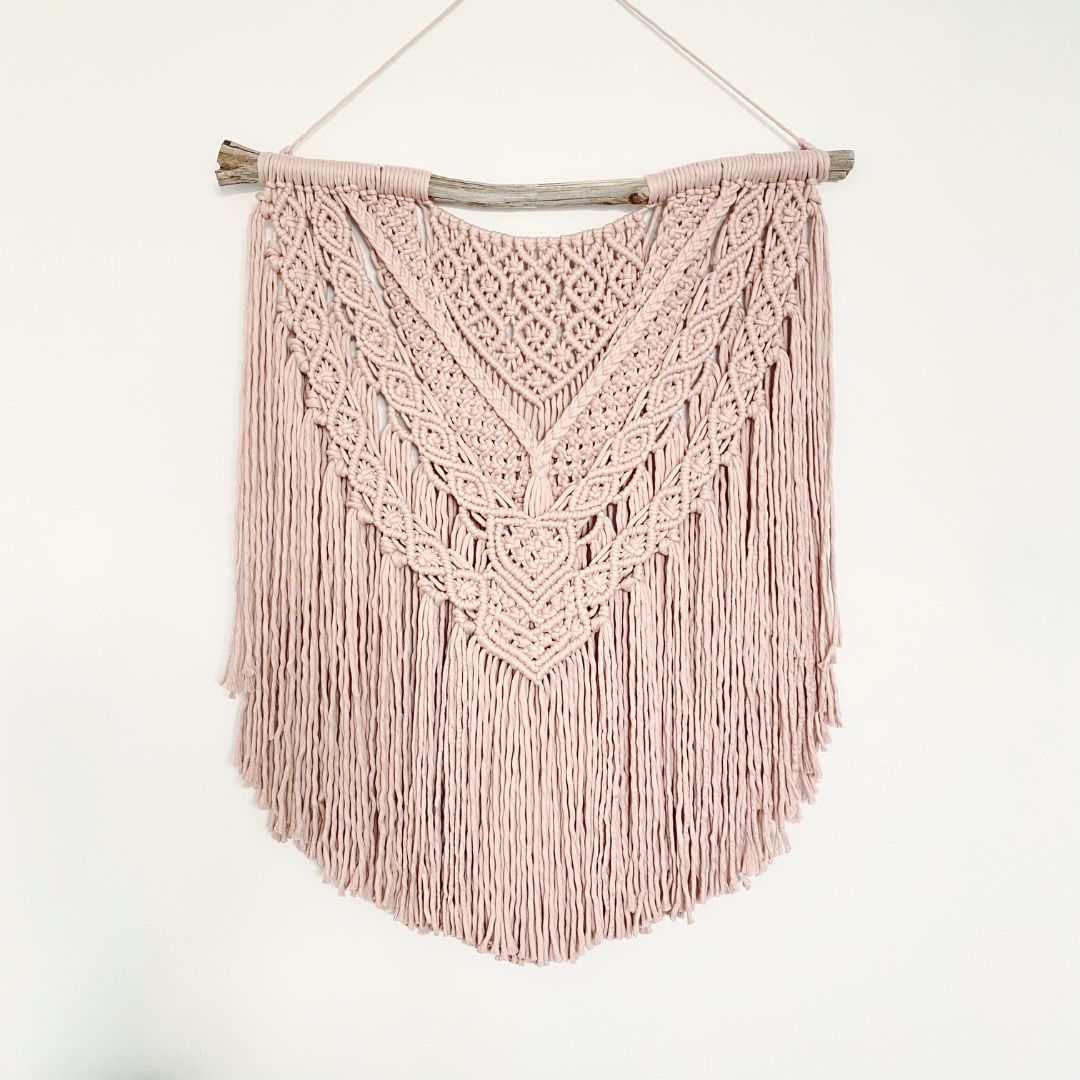 Macrame wall hanging on Driftwood - Bisque pink