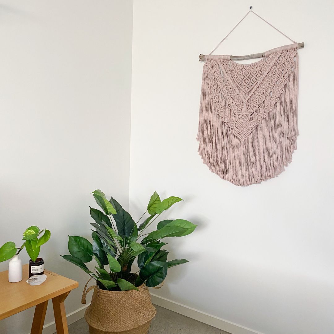 Macrame wall hanging on Driftwood - Bisque pink
