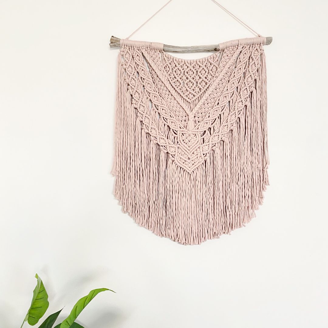 Macrame wall hanging on Driftwood - Bisque pink