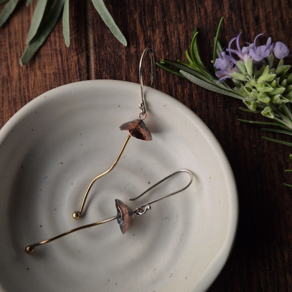 Magic Fungi Dangles in Copper and Brass