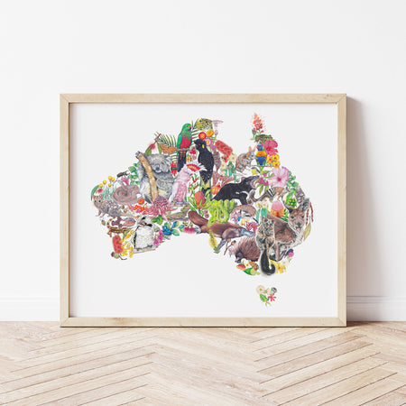 Australian Native Wildlife Map - Landscape A3 Size