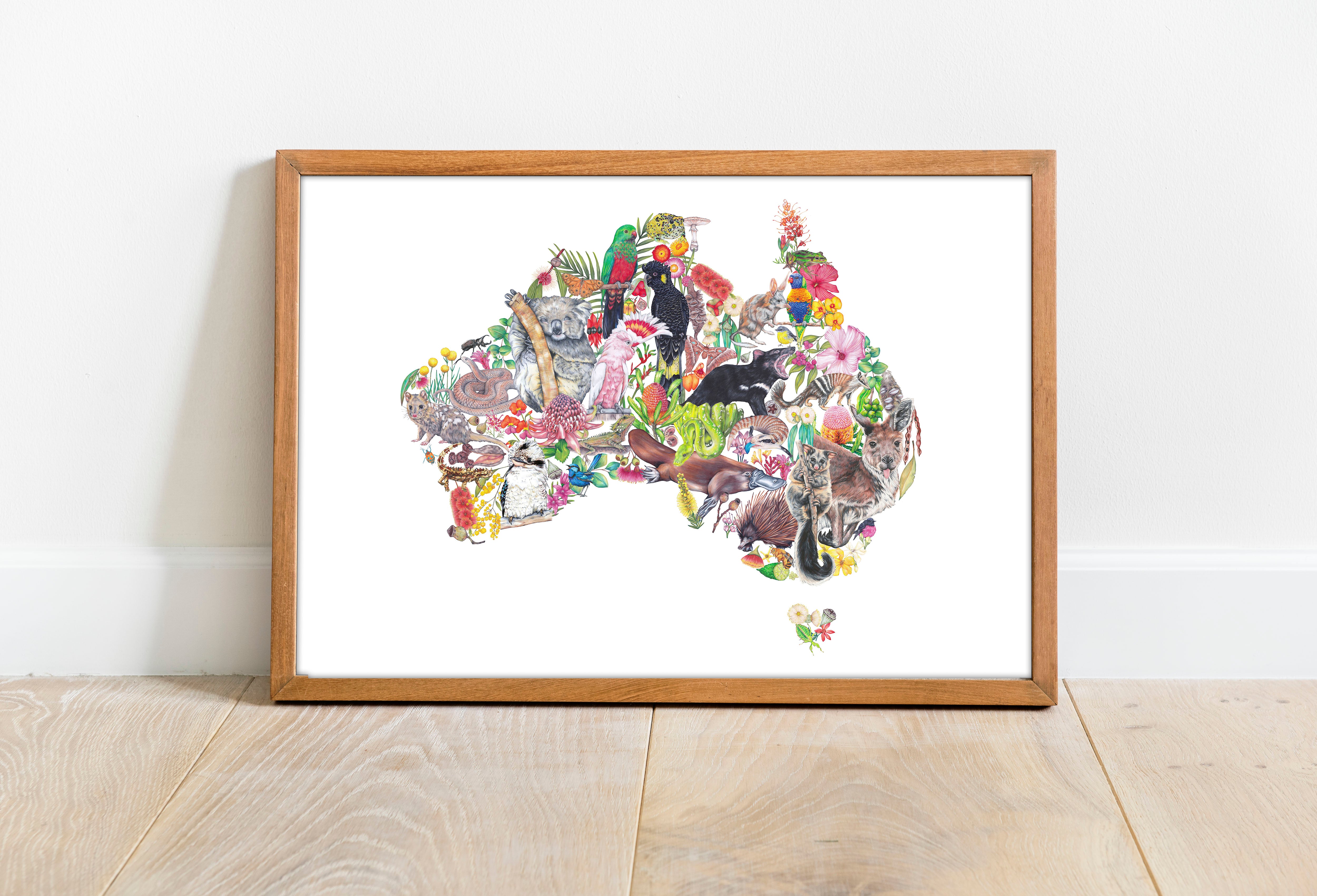 Australian Native Wildlife Map - Landscape A3 Size