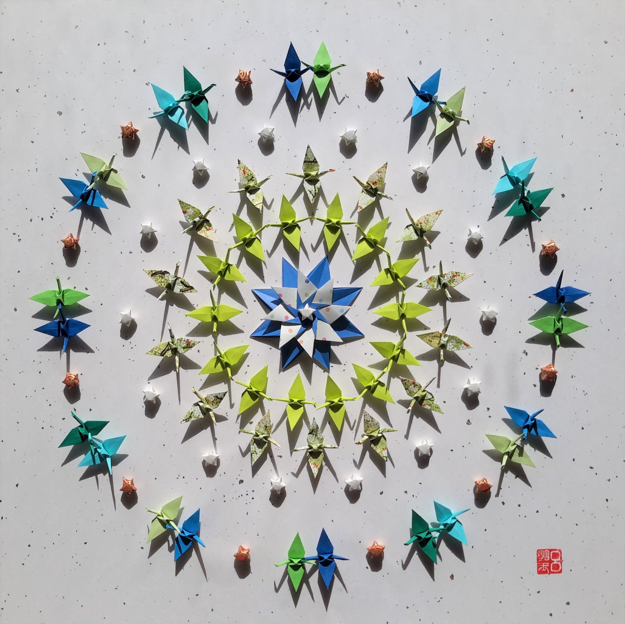 Together we fly - greens and blues - papercranes good luck