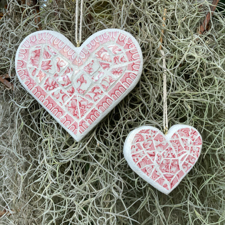 Upcycled Mosaic Hearts - Hanging Ornaments - Set of 2 - Pink