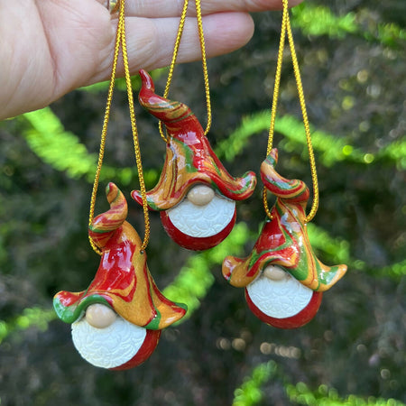 Gnome Christmas baubles trio - red, gold, green (red bottoms)