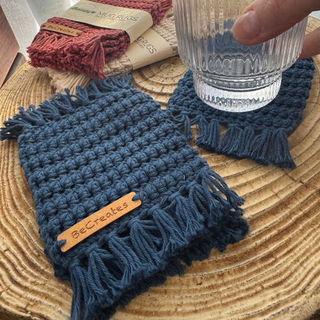 Mug Rug | Crochet Coaster with fringed edge - Blue