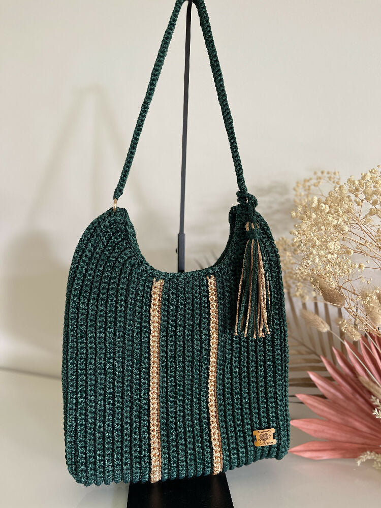 Crochet Stripe Bag, Lightweight Shoulder Strap, Tassel, Navy-White-Red or Green-Gold