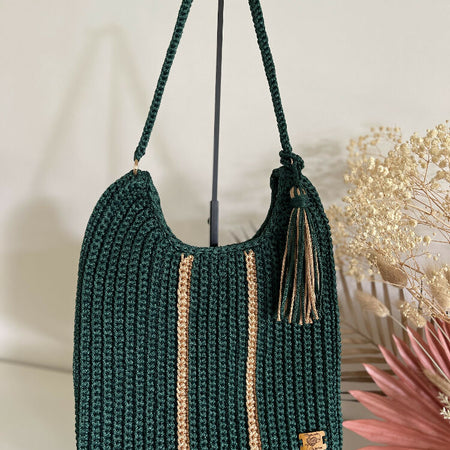 Crochet Stripe Bag, Lightweight Shoulder Strap, Tassel, Navy-White-Red or Green-Gold