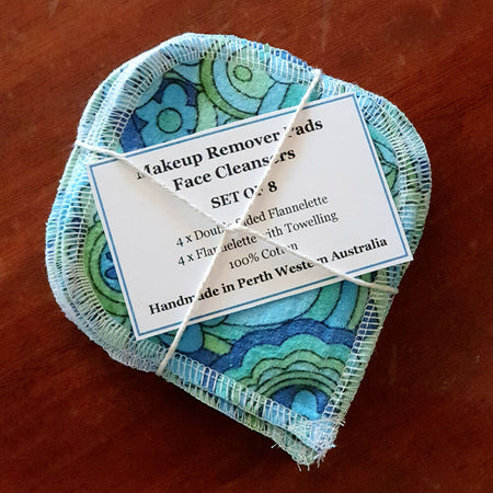 Eight Reusable face cleansers, blue and green