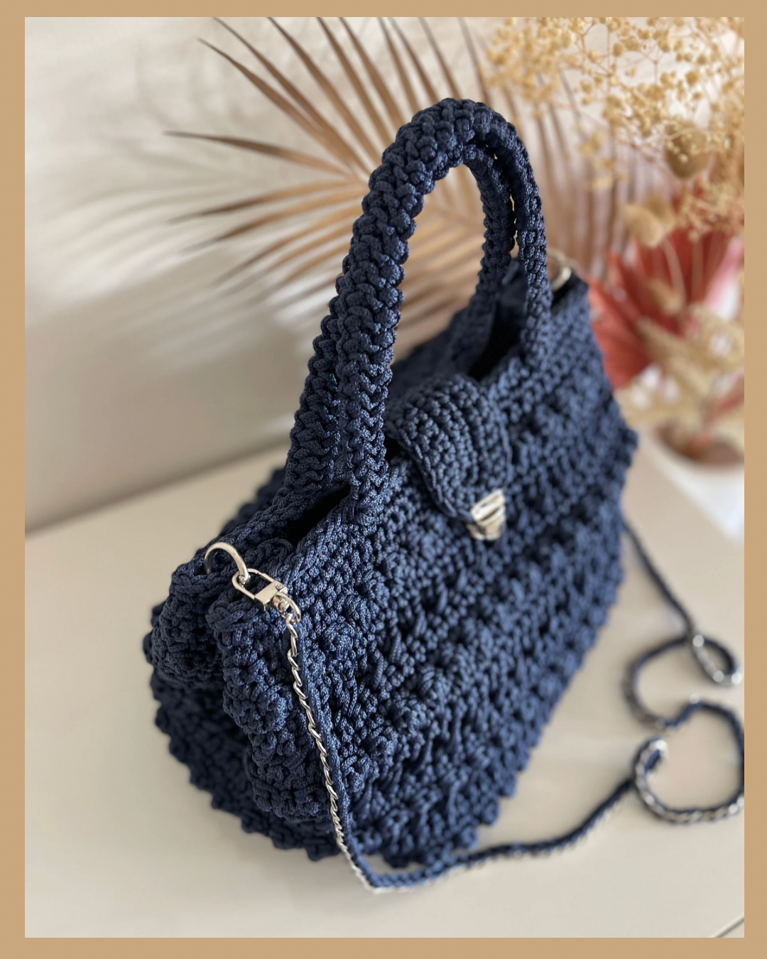 Handmade Crochet Shoulder Bag – Navy Blue Polyester Cord, Fully Lined with Metal Clasp, 22x32x20cm