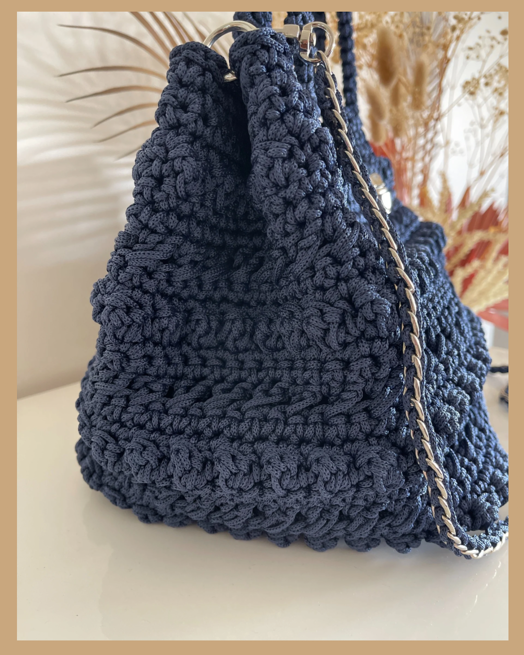 Handmade Crochet Shoulder Bag – Navy Blue Polyester Cord, Fully Lined with Metal Clasp, 22x32x20cm