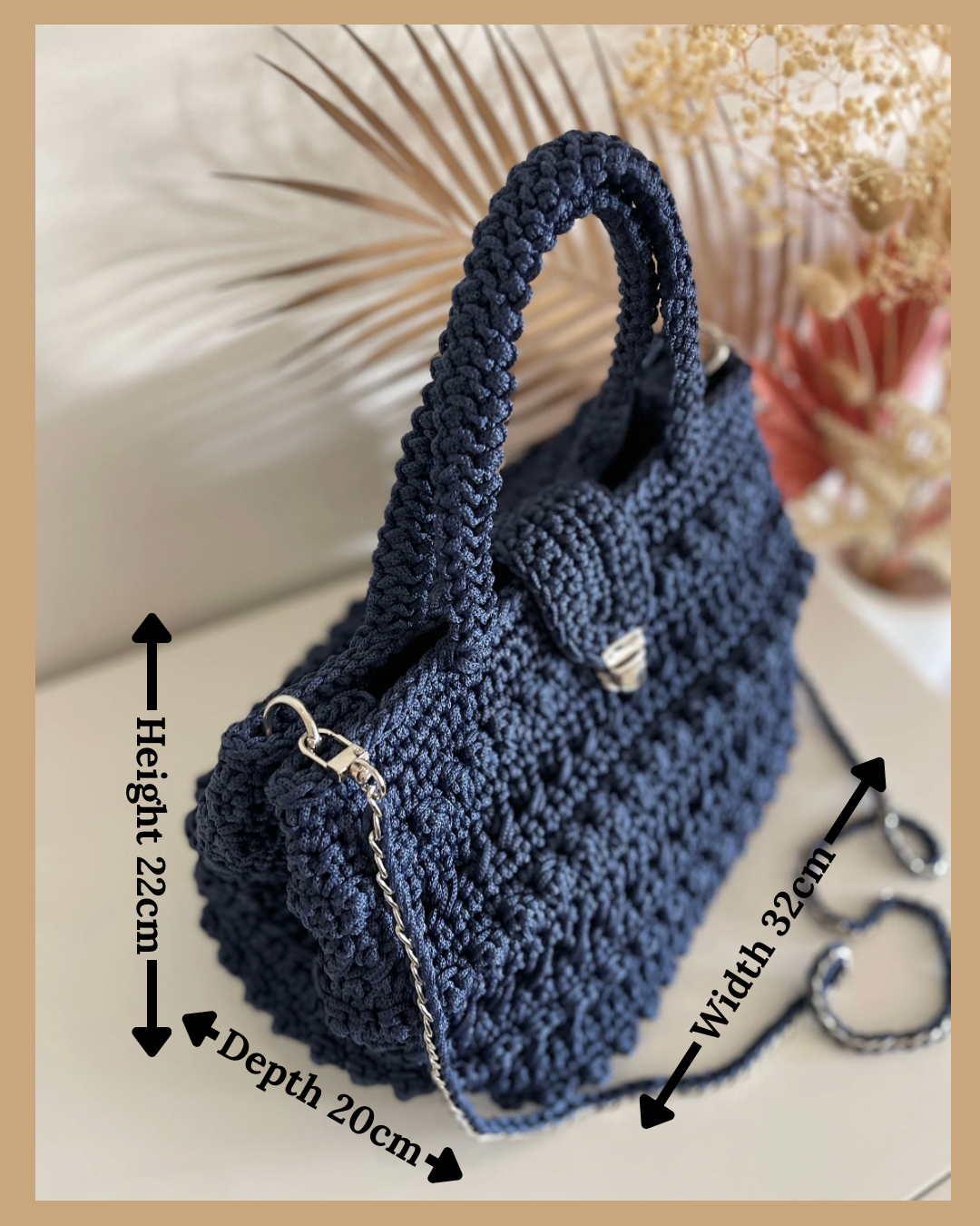 Handmade Crochet Shoulder Bag – Navy Blue Polyester Cord, Fully Lined with Metal Clasp, 22x32x20cm