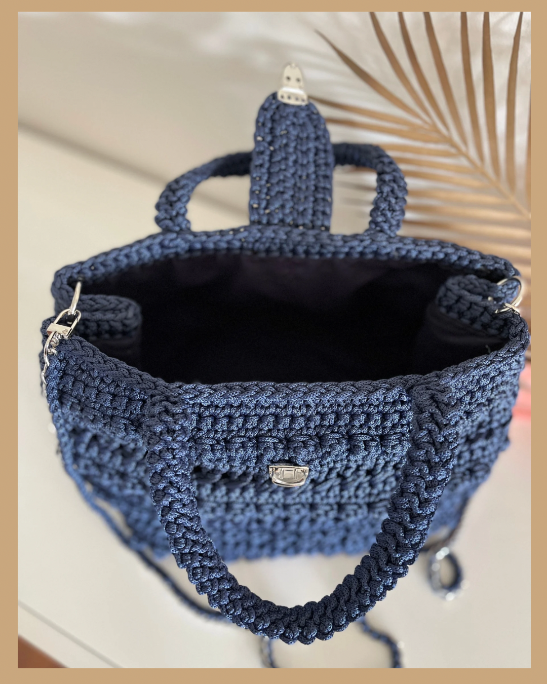 Handmade Crochet Shoulder Bag – Navy Blue Polyester Cord, Fully Lined with Metal Clasp, 22x32x20cm