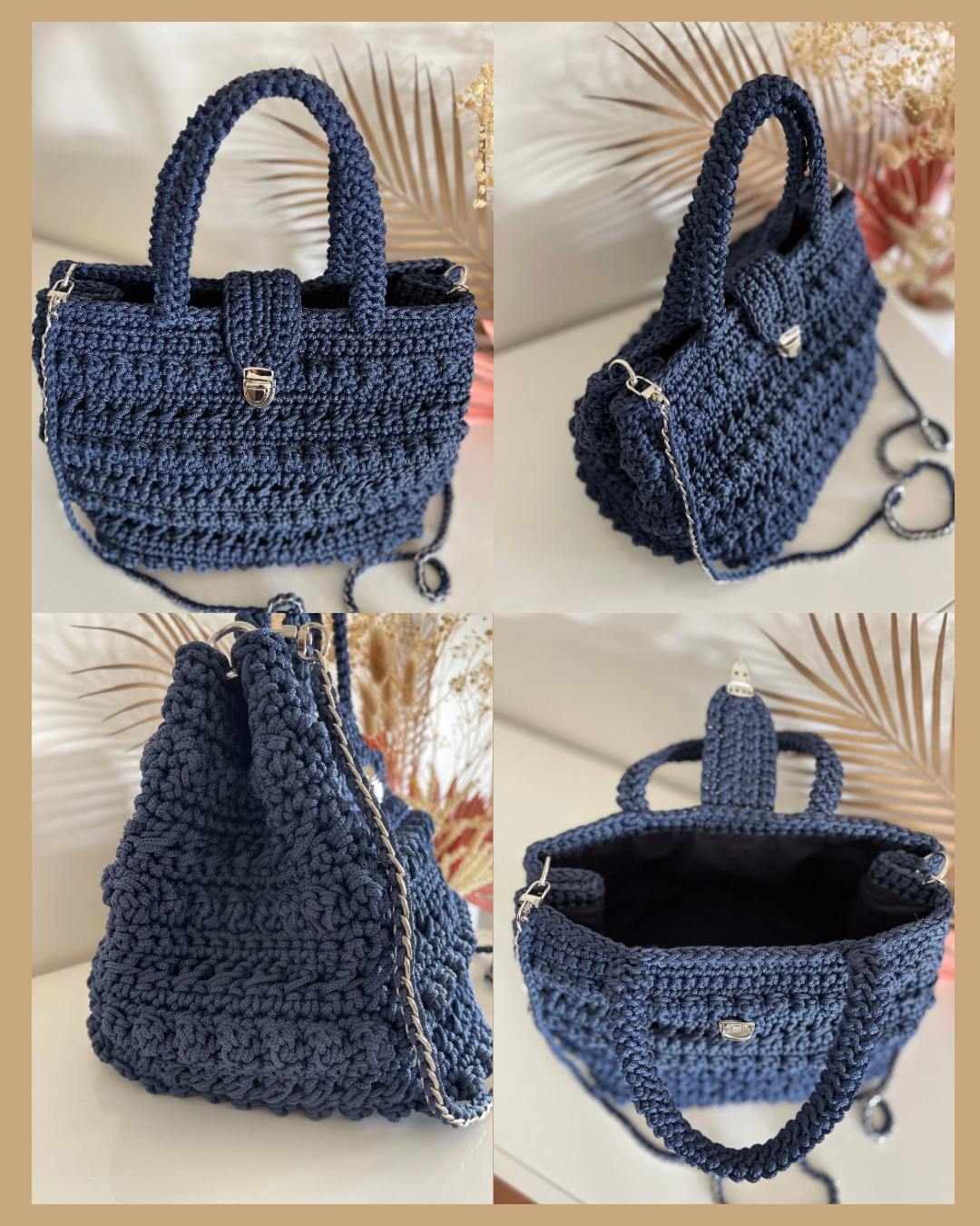 Handmade Crochet Shoulder Bag – Navy Blue Polyester Cord, Fully Lined with Metal Clasp, 22x32x20cm