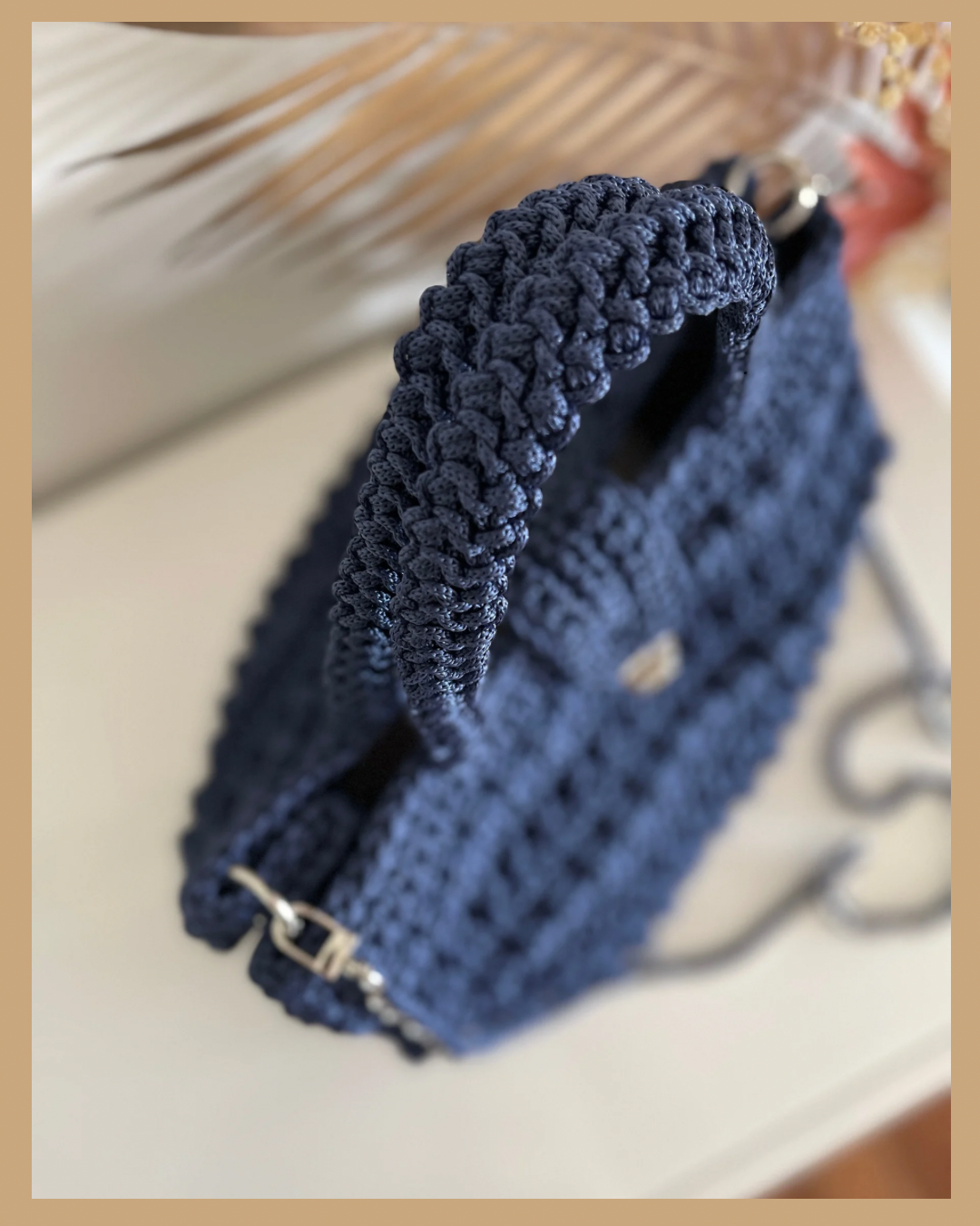 Handmade Crochet Shoulder Bag – Navy Blue Polyester Cord, Fully Lined with Metal Clasp, 22x32x20cm