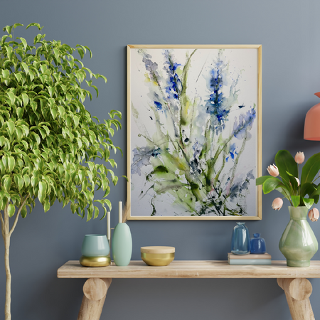 Original Art Watercolour Delphinium Garden In Blue