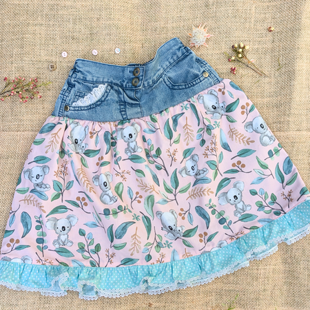 Girls Skirt Upcycled Denim, Koalas and Teal ruffle Size 5-6