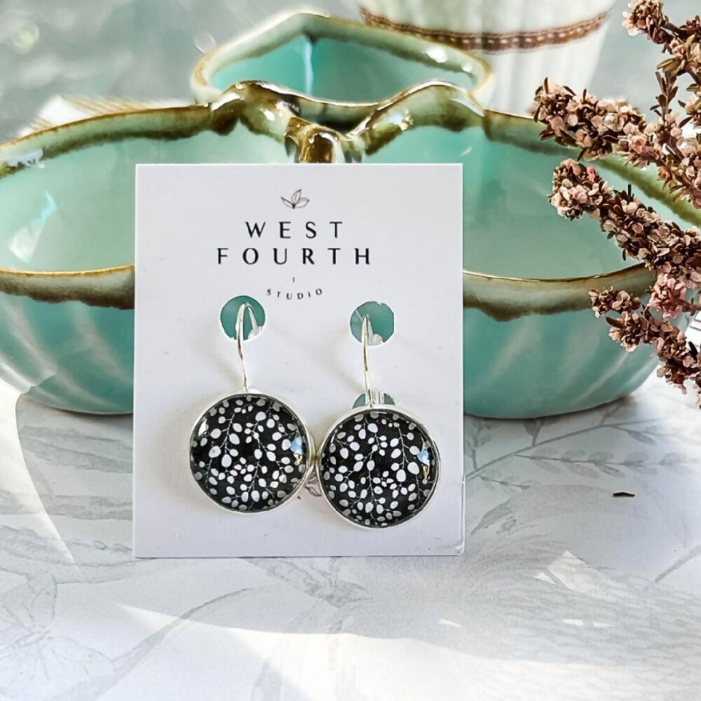 White Leaf Earrings • Black and White Paper and Glass Earrings