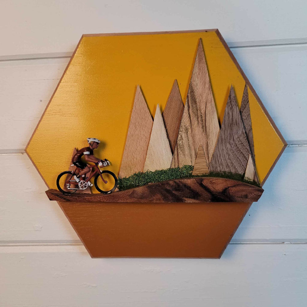 Wooden Frame-less wall art of cyclist road bike racer mountains,