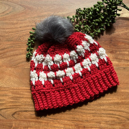 Red and off white pattern beanie