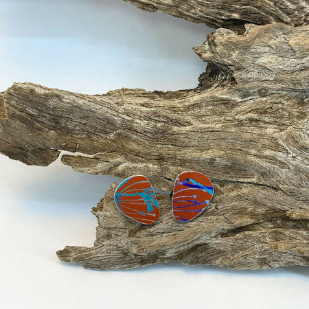 Anodised aluminium stud earrings hand printed and dyed orange - Blue Sprig Collection