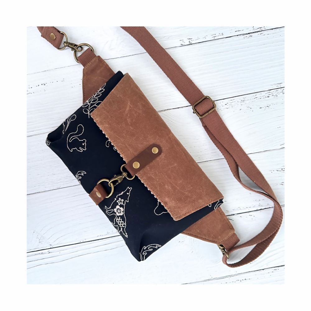 Haralson Belt Crossbody Bag - Embroidered Animals on Black