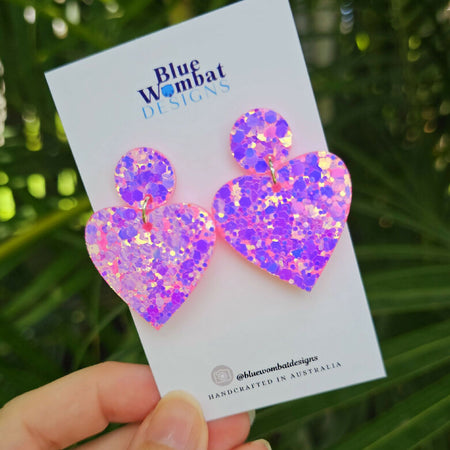Love Heart Resin Pink Glitter Dangle Earrings