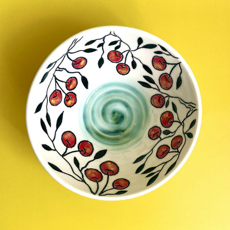 Handmade porcelain ceramic small bowl with cherry design