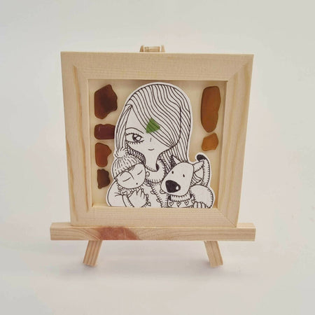 Sea Glass Series : Beautiful Mum with her Baby and Furbaby Original Art with Sea Glass