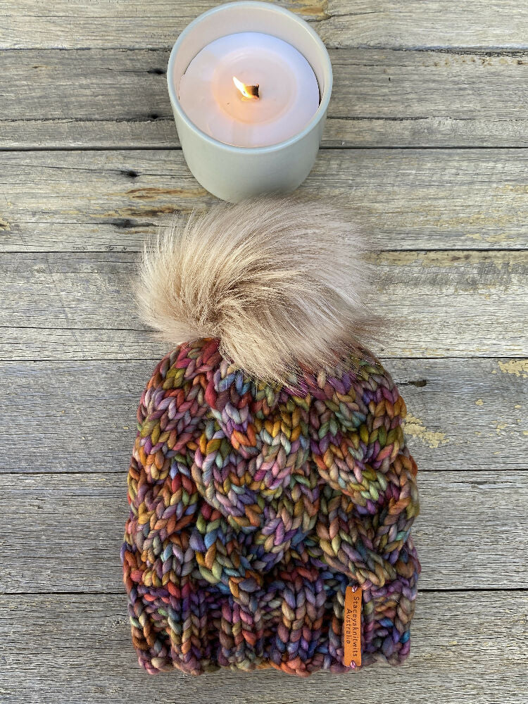 Ladies Beanie, Knitted Rainbow PomPom Beanie