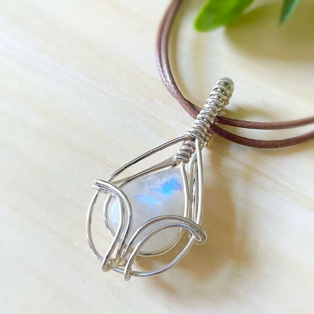 Fabulous 47x25mm Wire-Wrapped Rainbow Moonstone Pendant