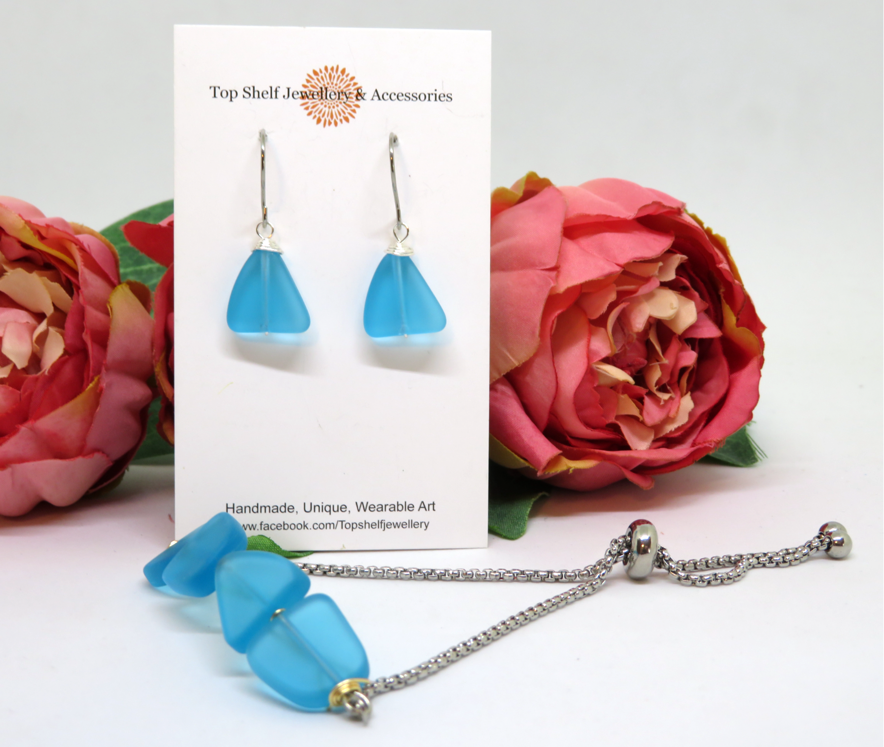 Blue Cultured Sea Glass Wire Wrapped Slider Bracelet and Earring Set