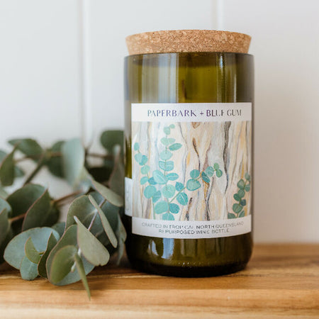 Paper Bark + Blue Gum wine bottle candle