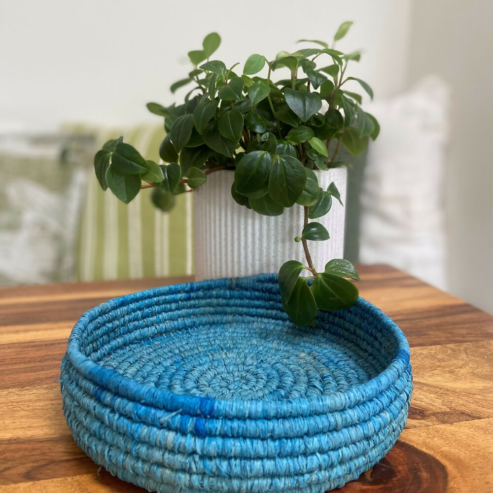 Handcrafted bright blue raffia bowl