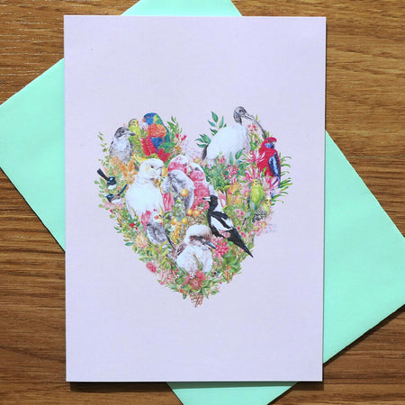 Australian Birds and Flowers Heart Greeting Card