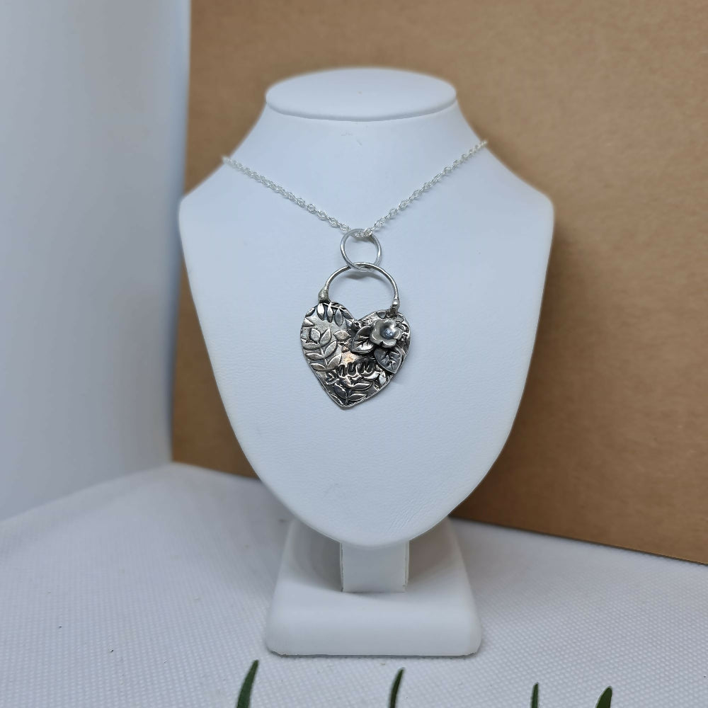 Handmade Fine Silver Large Floral Mum Heart Textured Pendant