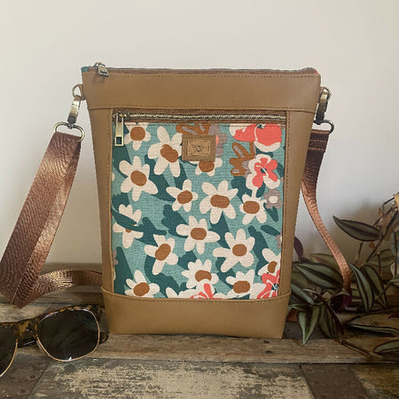 Hipster Crossbody Bag - Cream Flowers on Green/Tan Faux Leather