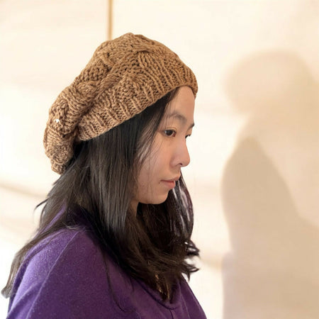 Cable Knit Slouchy Beanie in cashew