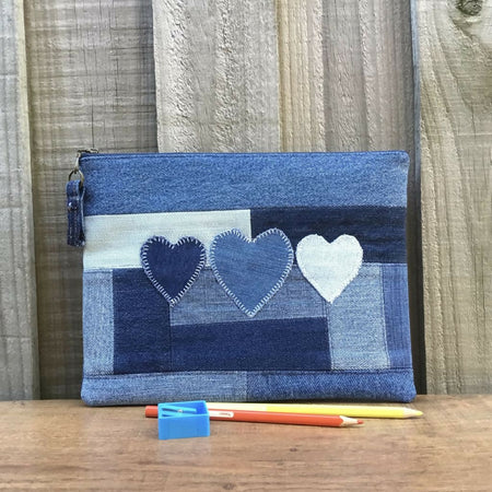 Upcycled Denim Pencil Case – 3 Denim Hearts