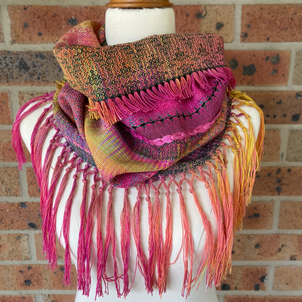 Handwoven cowl - bright pinks and green with extra details