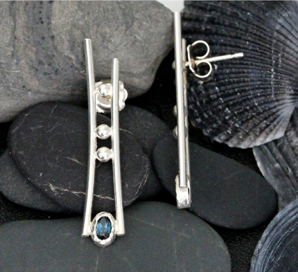 Australian blue sapphire long stud earrings