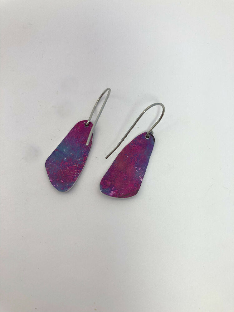 Printed and dyed pink and grey anodised aluminium earrings