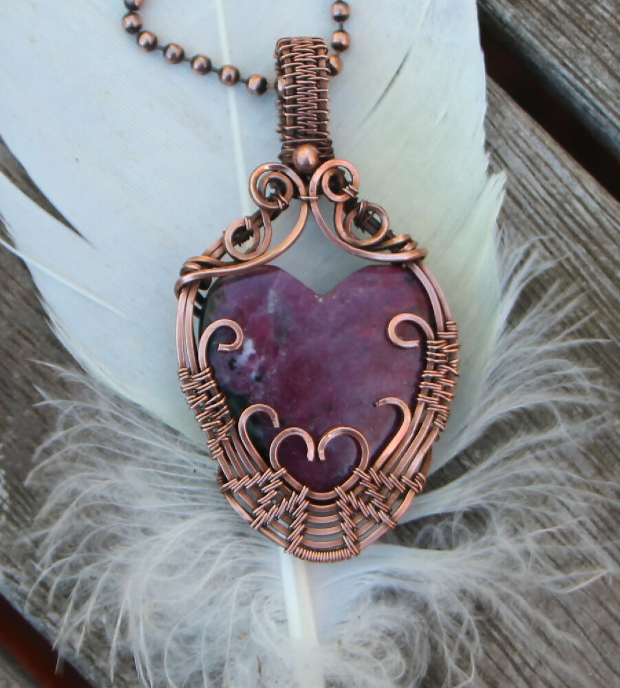 Natural Ruby Heart in woven Copper with chain
