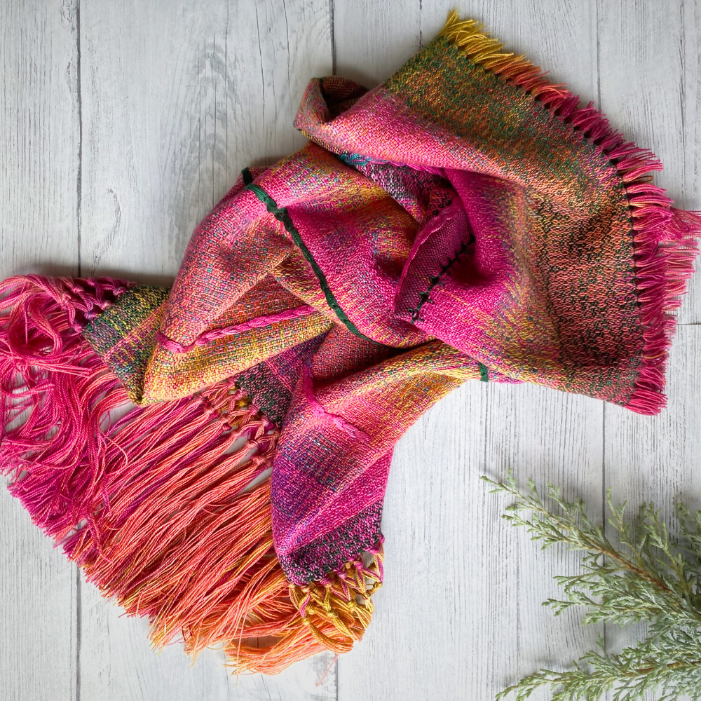 Handwoven cowl - bright pinks and green with extra details